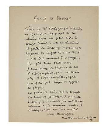 DUBUFFET, JEAN. Archive of 28 items Signed, or Inscribed and Signed, in full, Jean, Jean D., or Jean et Lili, to art collector Ma